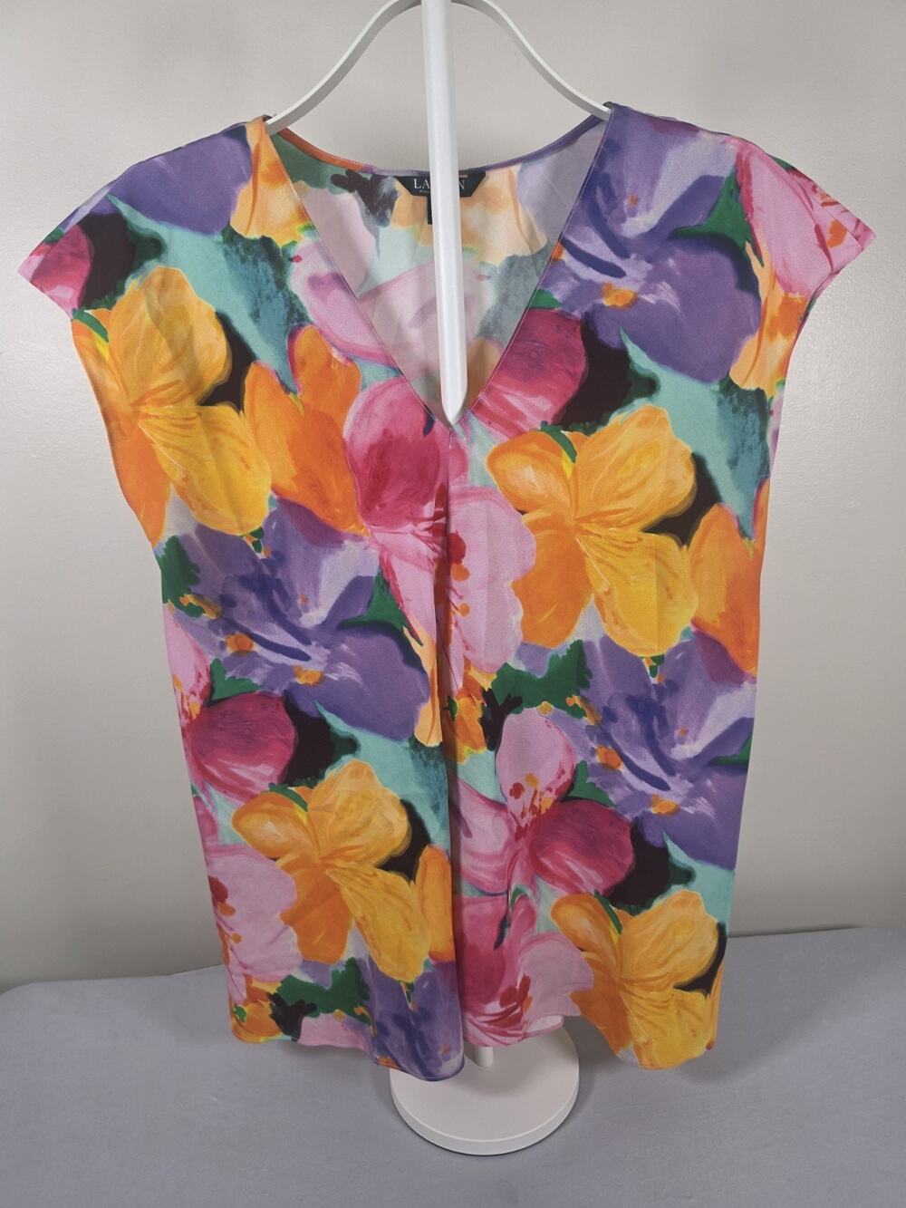 Lauren Ralph Lauren V-neck Pullover 100% Polyester Floral Blouse Size S